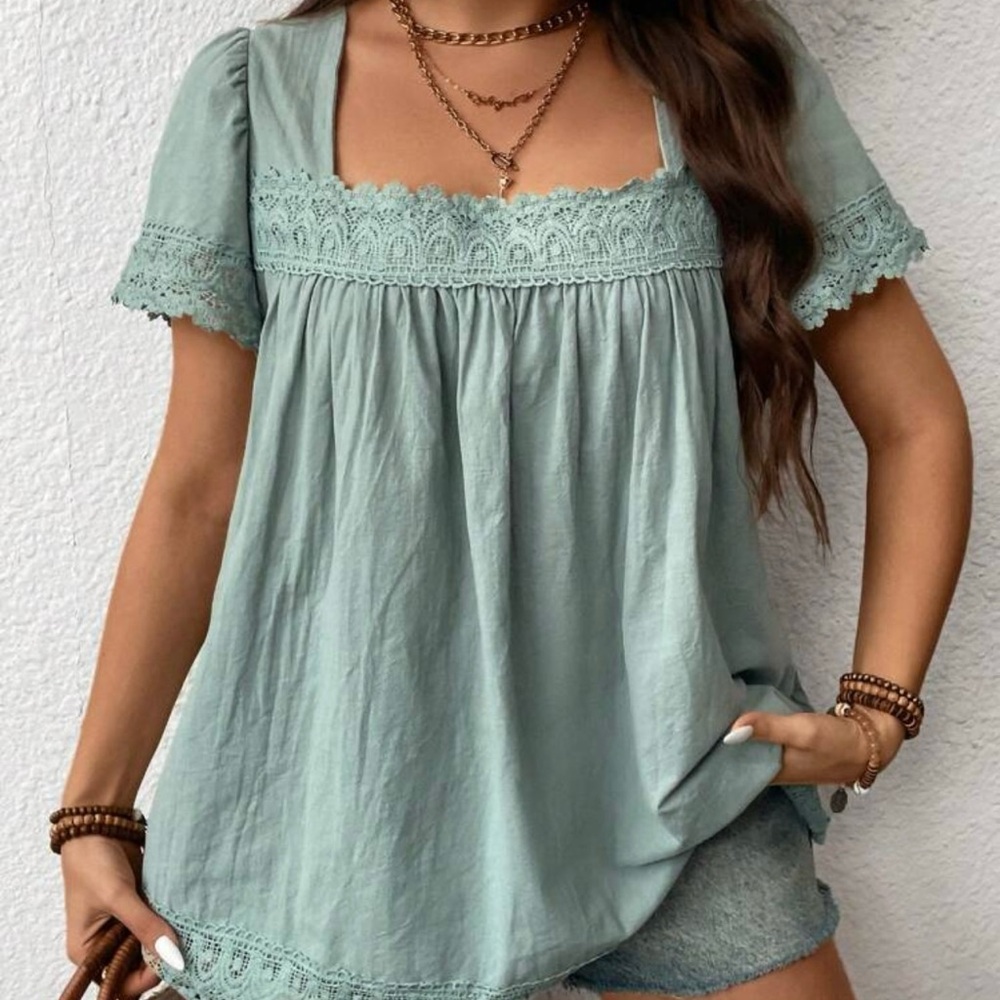 SHEIN Lace Trimmed Mint Linen Blouse